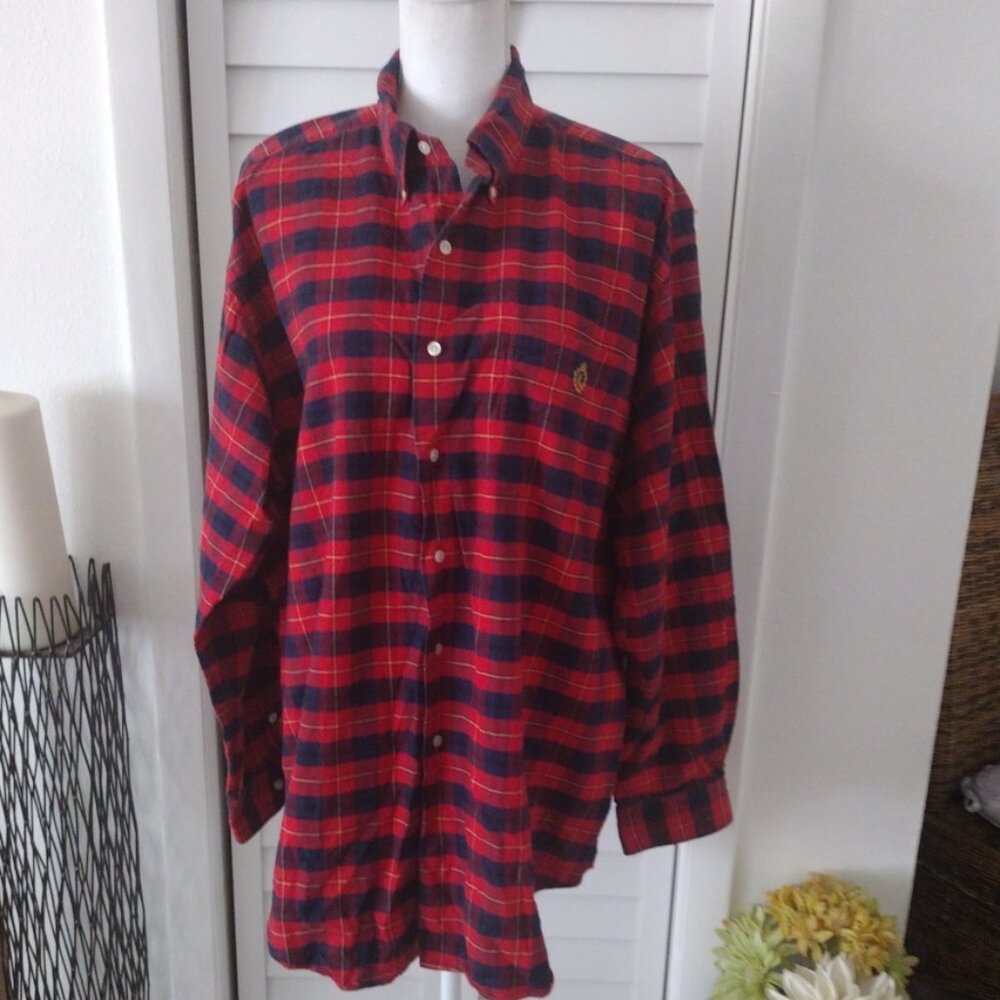 Lauren Ralph Lauren women's red plaid cotton‎ button front shirt gold crest L